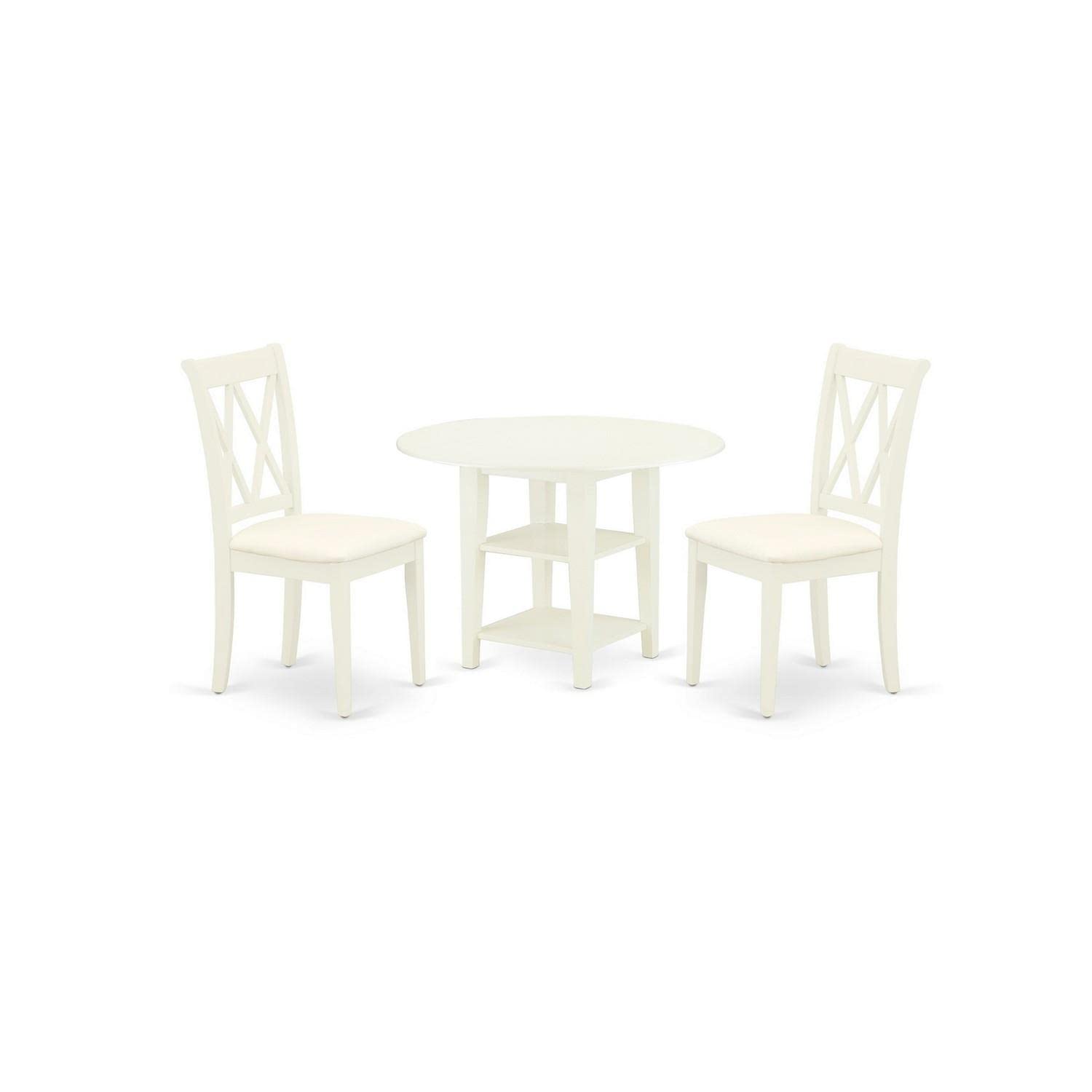 East West Furniture Sucl3-Lwh-C 3 Piece Dining Table Set Contains A Round Dining Room Table With Dropleaf & Shelves And 2 Linen Fabric Upholstered Chairs, 42X42 Inch, Linen White